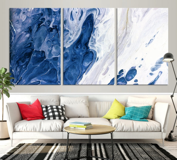 Navy Blue White Marble Fluid Effect Paint Drip Abstract Canvas Wall Art Giclee Print