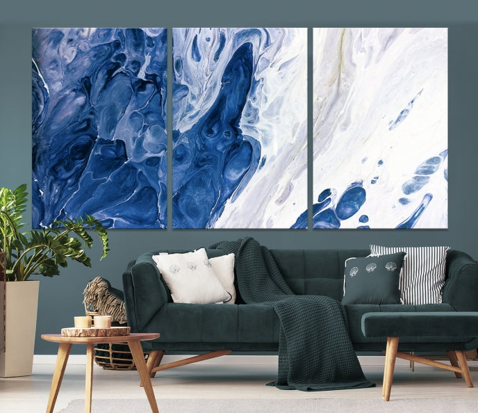 Navy Blue White Marble Fluid Effect Paint Drip Abstract Canvas Wall Art Giclee Print