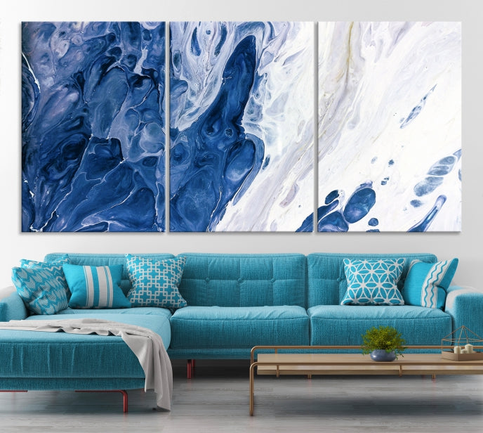 Navy Blue White Marble Fluid Effect Paint Drip Abstract Canvas Wall Art Giclee Print