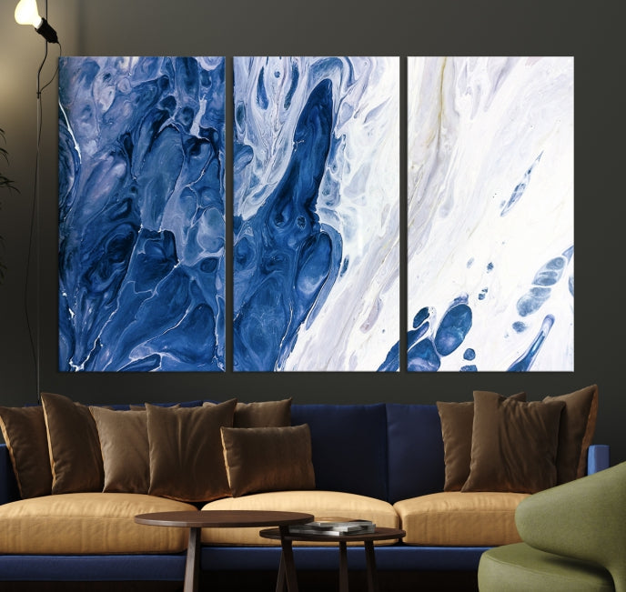 Navy Blue White Marble Fluid Effect Paint Drip Abstract Canvas Wall Art Giclee Print