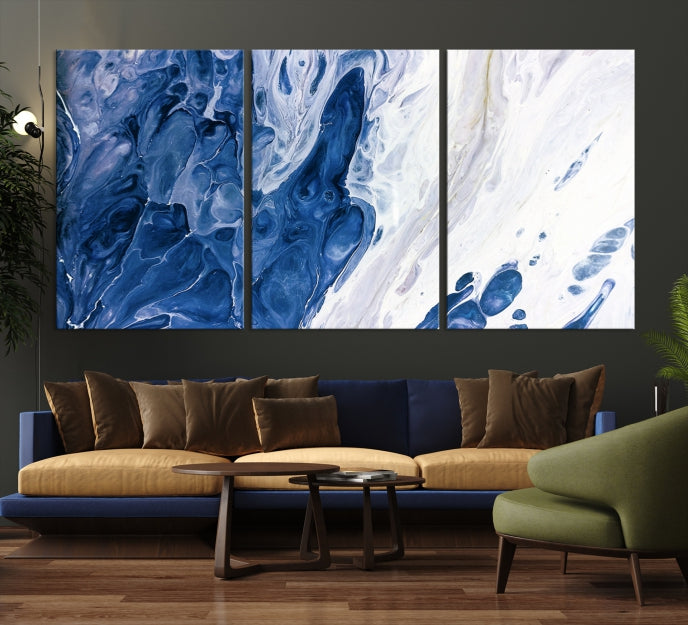 Navy Blue White Marble Fluid Effect Paint Drip Abstract Canvas Wall Art Giclee Print