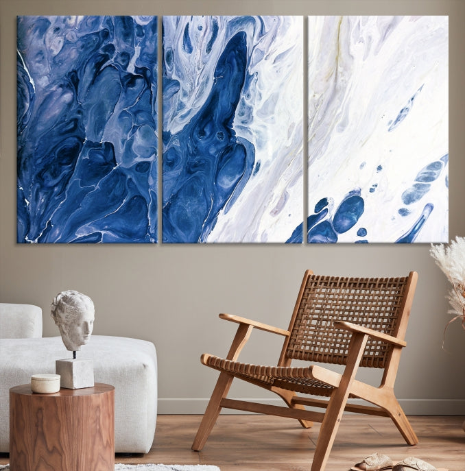 Navy Blue White Marble Fluid Effect Paint Drip Abstract Canvas Wall Art Giclee Print