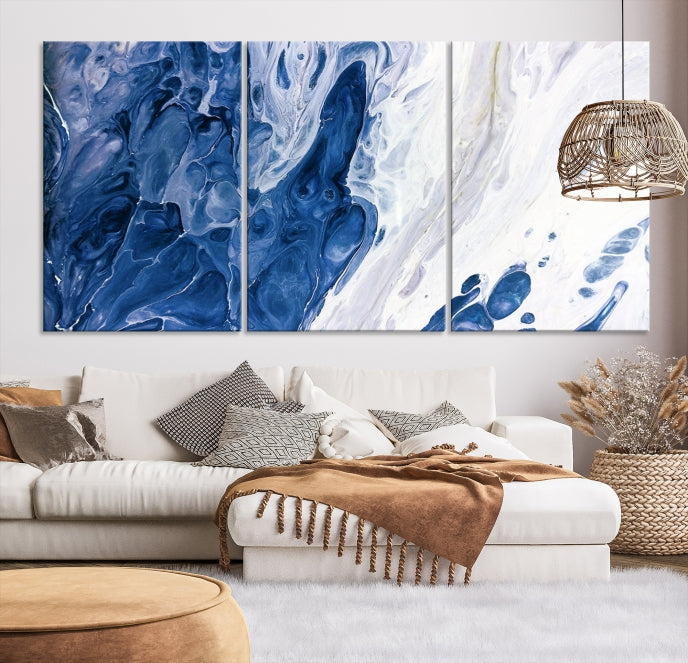 Navy Blue White Marble Fluid Effect Paint Drip Abstract Canvas Wall Art Giclee Print