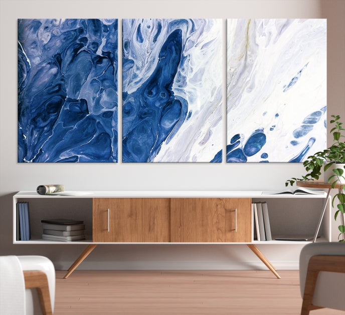 Navy Blue White Marble Fluid Effect Paint Drip Abstract Canvas Wall Art Giclee Print