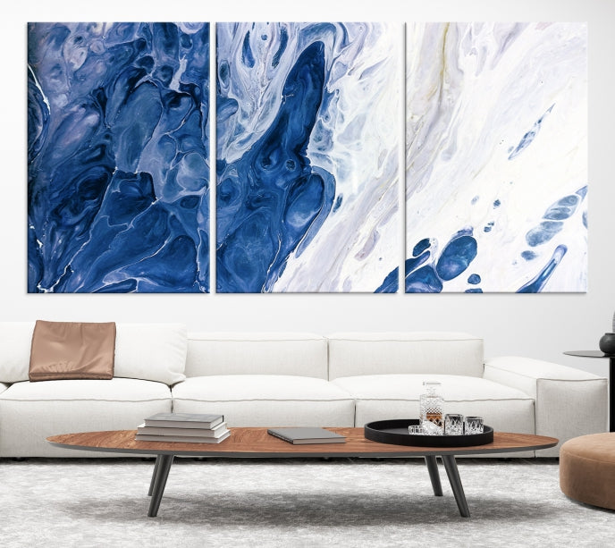 Navy Blue White Marble Fluid Effect Paint Drip Abstract Canvas Wall Art Giclee Print