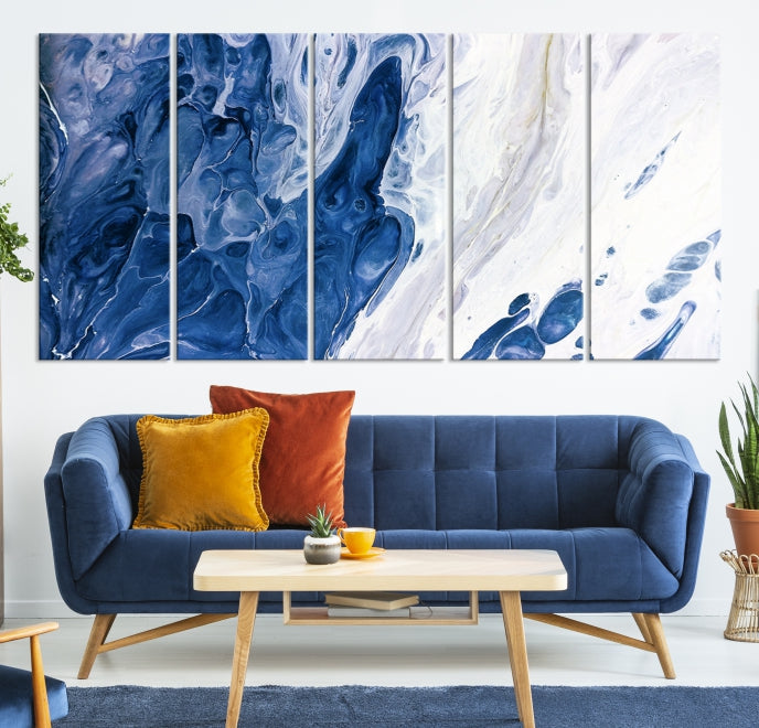 Navy Blue White Marble Fluid Effect Paint Drip Abstract Canvas Wall Art Giclee Print