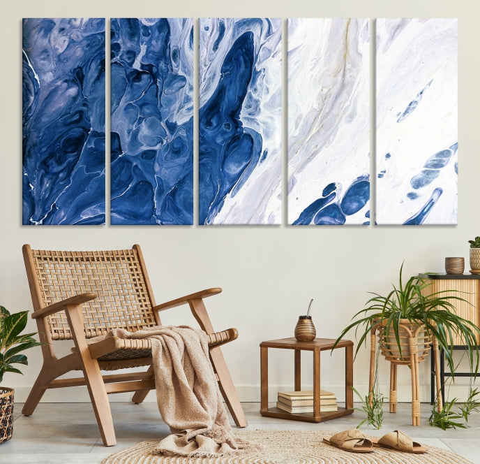 Navy Blue White Marble Fluid Effect Paint Drip Abstract Canvas Wall Art Giclee Print