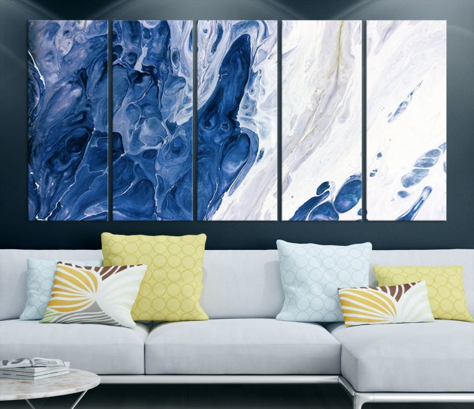 Navy Blue White Marble Fluid Effect Paint Drip Abstract Canvas Wall Art Giclee Print