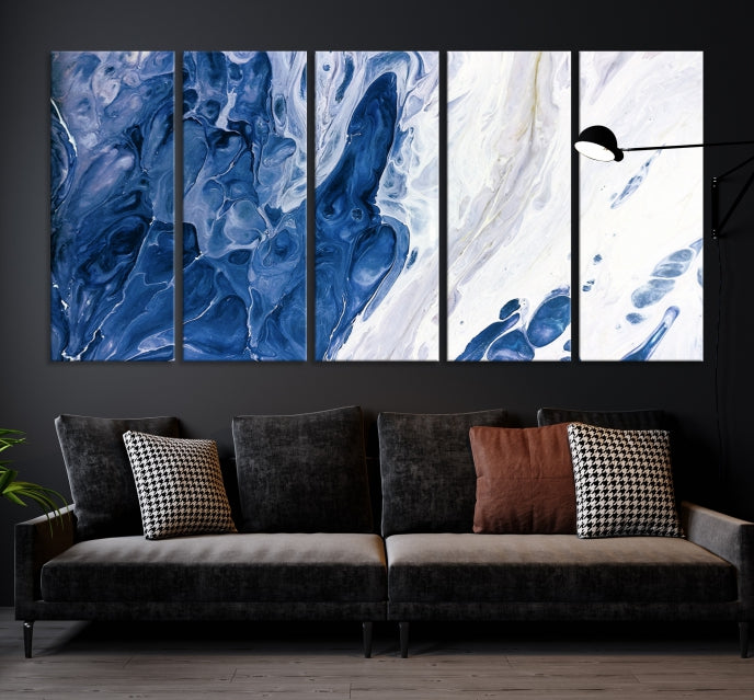 Navy Blue White Marble Fluid Effect Paint Drip Abstract Canvas Wall Art Giclee Print