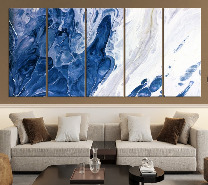 Navy Blue White Marble Fluid Effect Paint Drip Abstract Canvas Wall Art Giclee Print