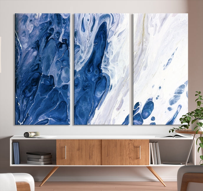 Navy Blue White Marble Fluid Effect Paint Drip Abstract Canvas Wall Art Giclee Print