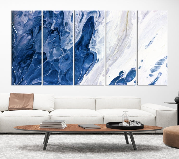 Navy Blue White Marble Fluid Effect Paint Drip Abstract Canvas Wall Art Giclee Print