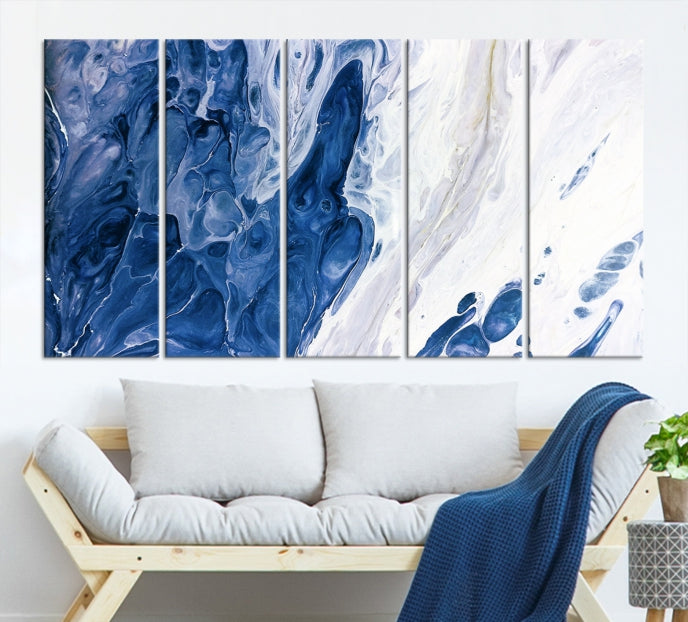 Navy Blue White Marble Fluid Effect Paint Drip Abstract Canvas Wall Art Giclee Print