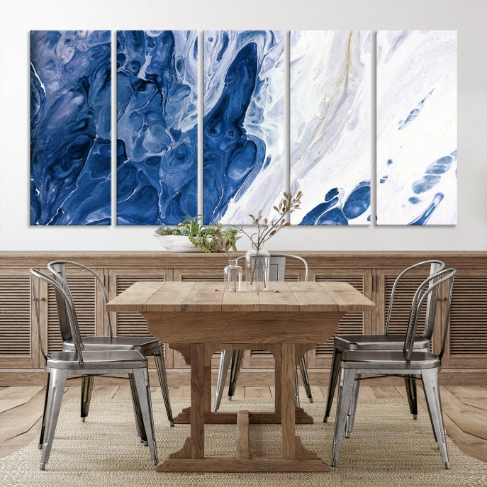 Navy Blue White Marble Fluid Effect Paint Drip Abstract Canvas Wall Art Giclee Print