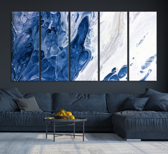 Navy Blue White Marble Fluid Effect Paint Drip Abstract Canvas Wall Art Giclee Print