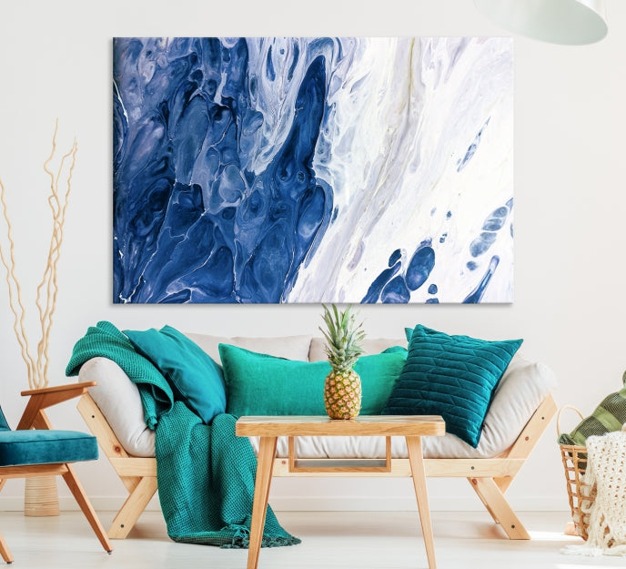 Navy Blue White Marble Fluid Effect Paint Drip Abstract Canvas Wall Art Giclee Print