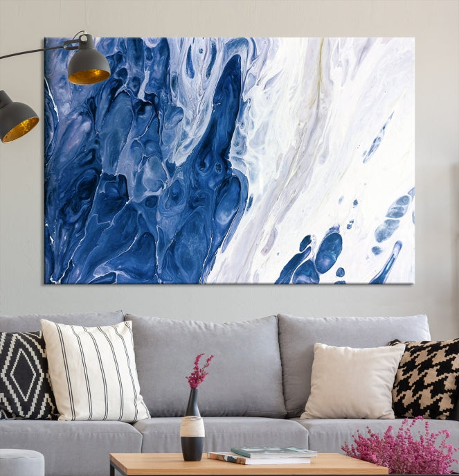 Navy Blue White Marble Fluid Effect Paint Drip Abstract Canvas Wall Art Giclee Print