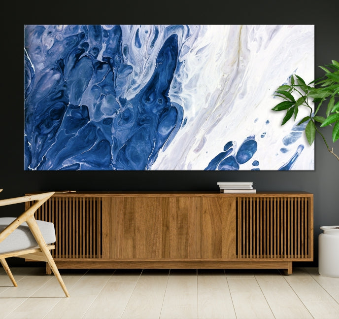 Navy Blue White Marble Fluid Effect Paint Drip Abstract Canvas Wall Art Giclee Print