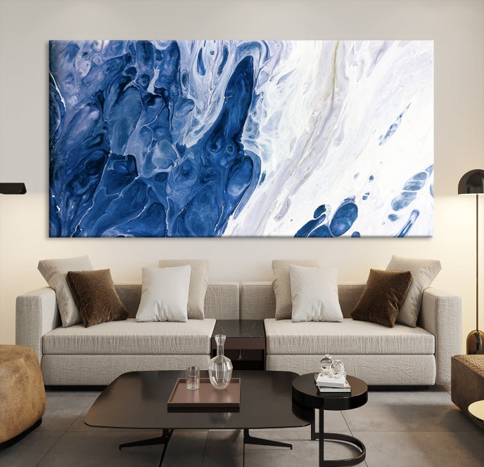 Navy Blue White Marble Fluid Effect Paint Drip Abstract Canvas Wall Art Giclee Print