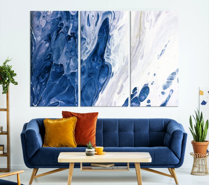 Navy Blue White Marble Fluid Effect Paint Drip Abstract Canvas Wall Art Giclee Print