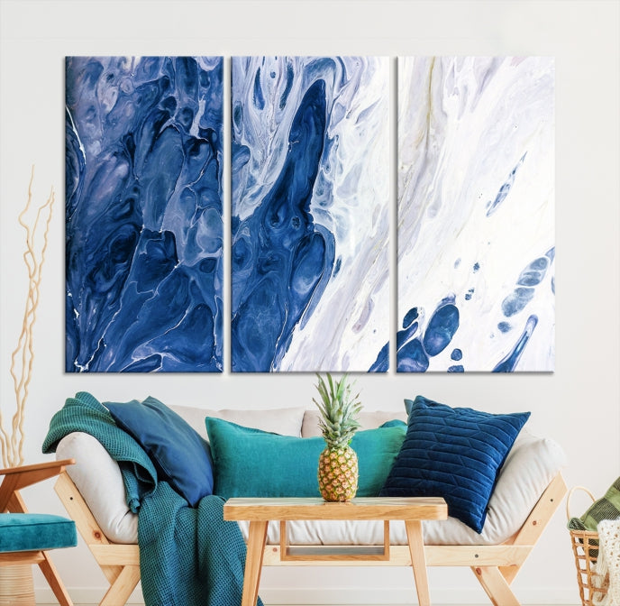 Navy Blue White Marble Fluid Effect Paint Drip Abstract Canvas Wall Art Giclee Print