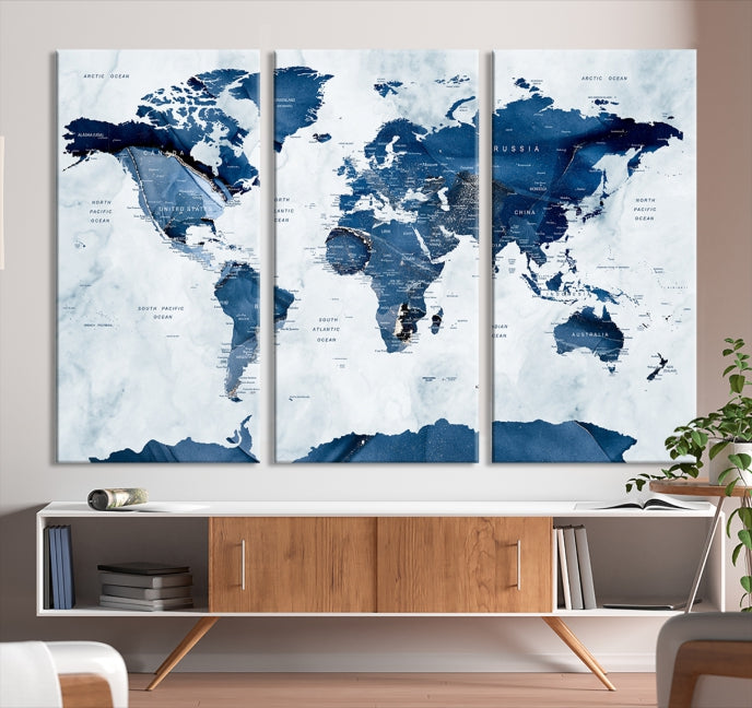 Navy Blue World Map Antarctica Wall Art Canvas Print