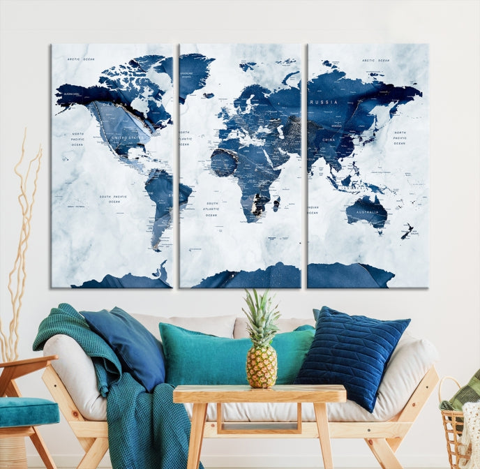 Navy Blue World Map Antarctica Wall Art Canvas Print