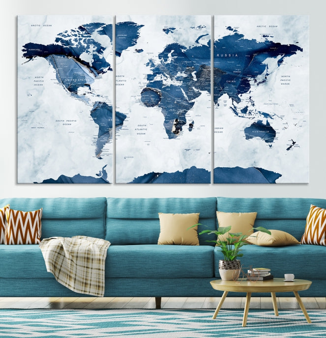 Navy Blue World Map Antarctica Wall Art Canvas Print