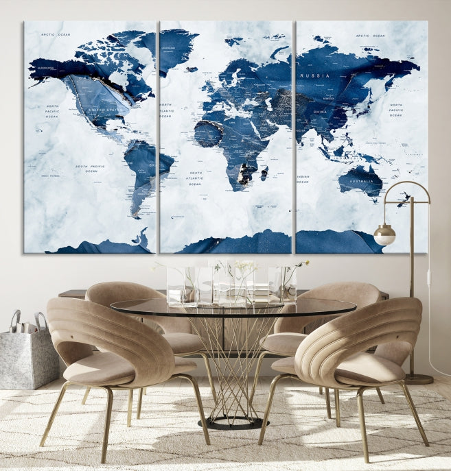 Navy Blue World Map Antarctica Wall Art Canvas Print