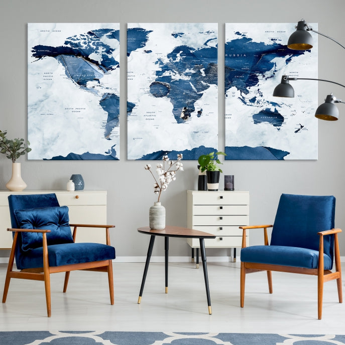 Navy Blue World Map Antarctica Wall Art Canvas Print