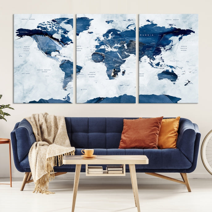 Navy Blue World Map Antarctica Wall Art Canvas Print