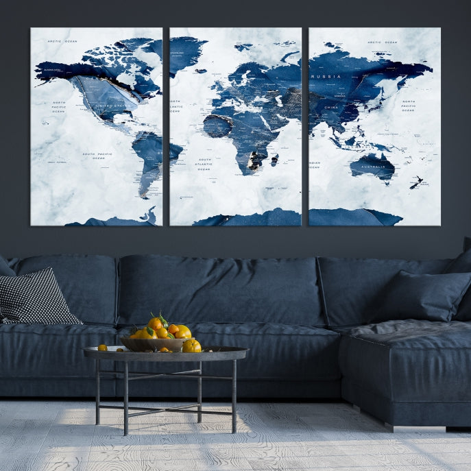 Navy Blue World Map Antarctica Wall Art Canvas Print