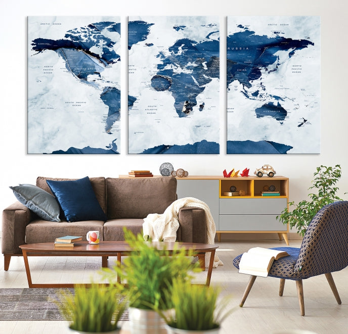 Navy Blue World Map Antarctica Wall Art Canvas Print