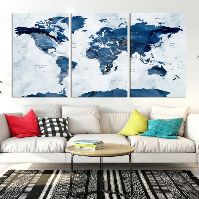 Navy Blue World Map Antarctica Wall Art Canvas Print