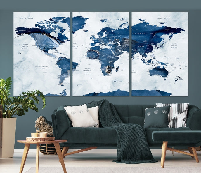 Navy Blue World Map Antarctica Wall Art Canvas Print