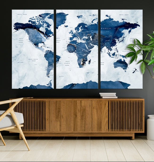 Navy Blue World Map Antarctica Wall Art Canvas Print