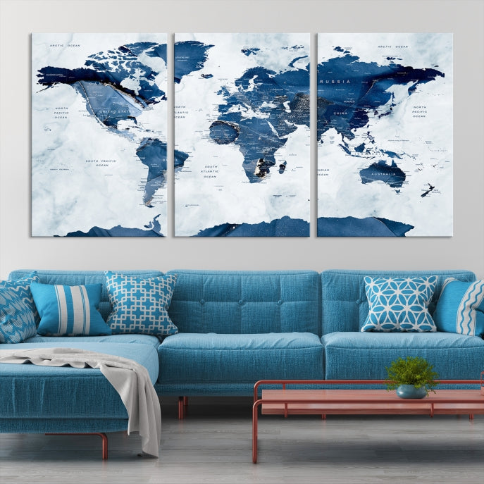 Navy Blue World Map Antarctica Wall Art Canvas Print