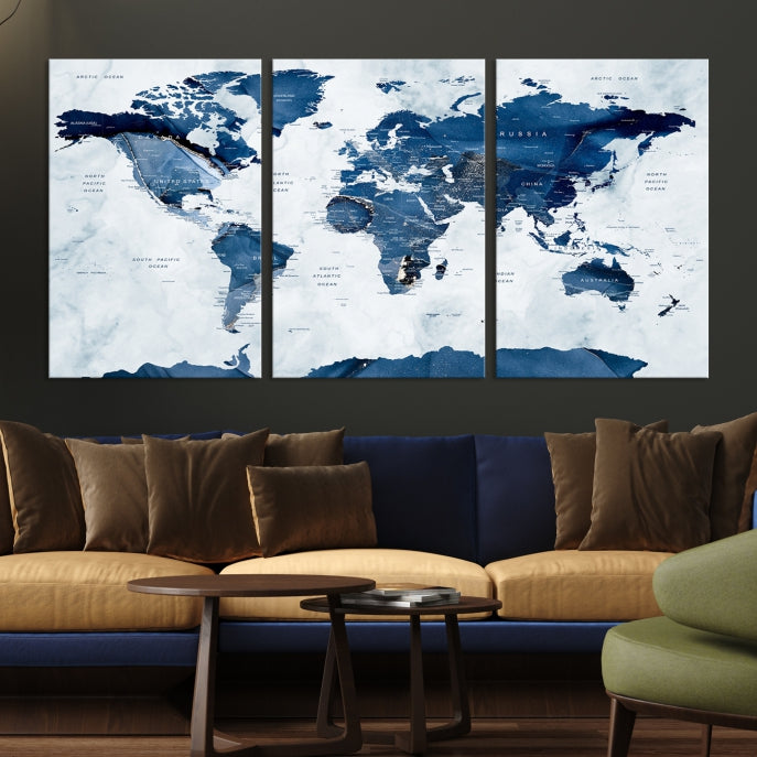 Navy Blue World Map Antarctica Wall Art Canvas Print