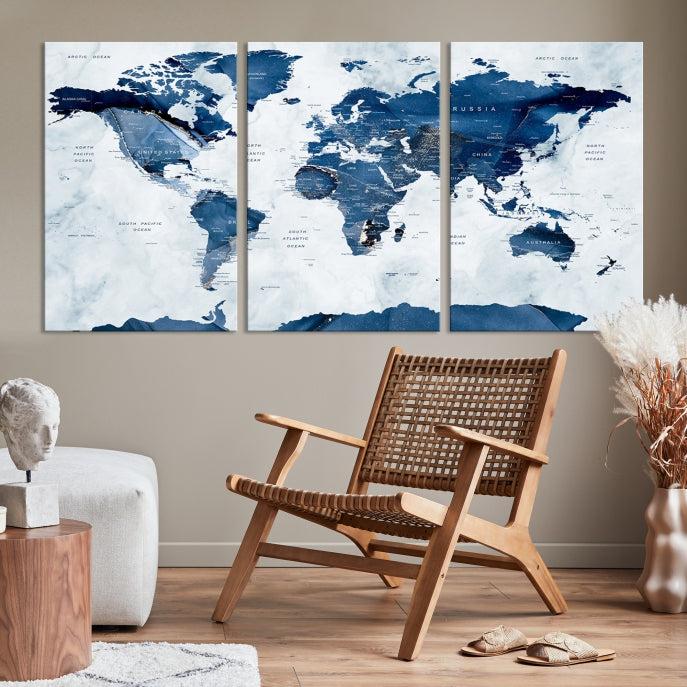 Navy Blue World Map Antarctica Wall Art Canvas Print