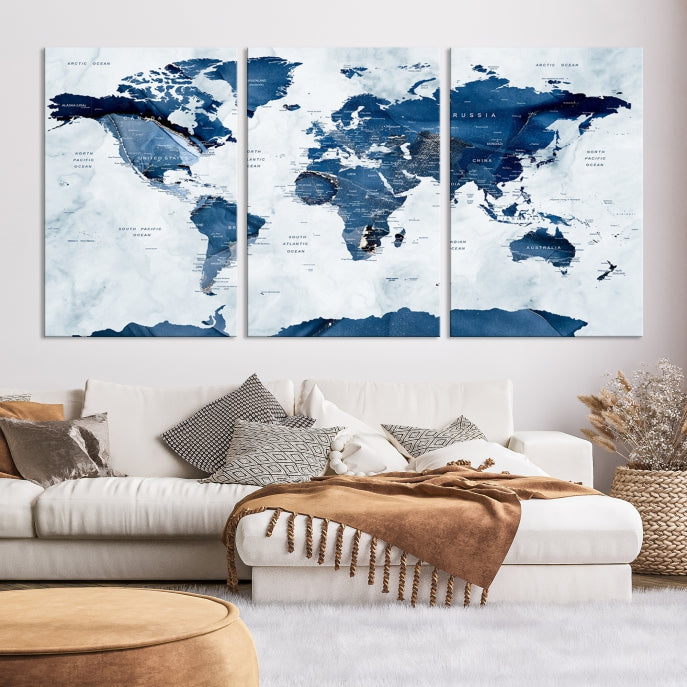 Navy Blue World Map Antarctica Wall Art Canvas Print