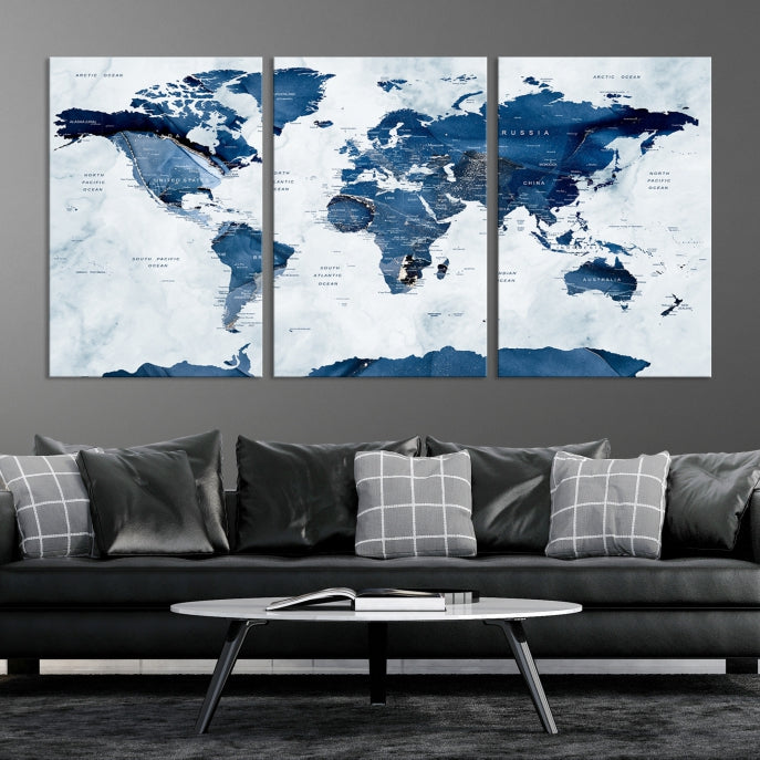 Navy Blue World Map Antarctica Wall Art Canvas Print