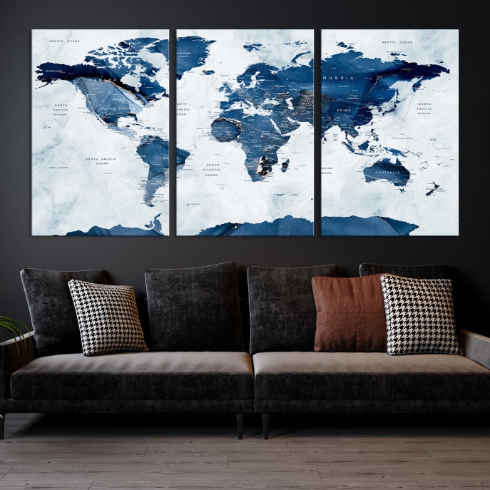 Navy Blue World Map Antarctica Wall Art Canvas Print