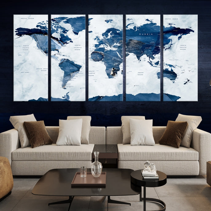 Navy Blue World Map Antarctica Wall Art Canvas Print