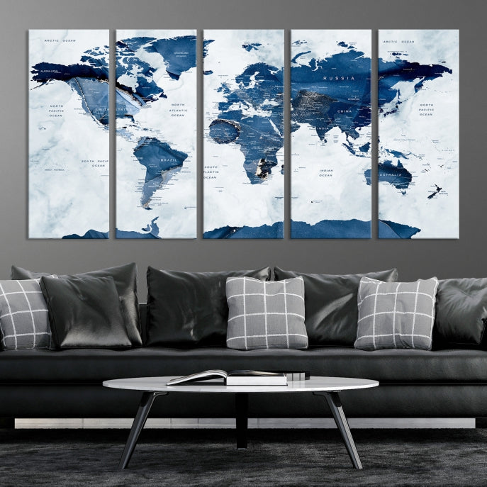 Navy Blue World Map Antarctica Wall Art Canvas Print