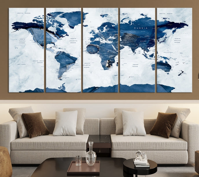 Navy Blue World Map Antarctica Wall Art Canvas Print