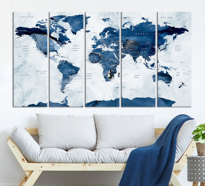 Navy Blue World Map Antarctica Wall Art Canvas Print