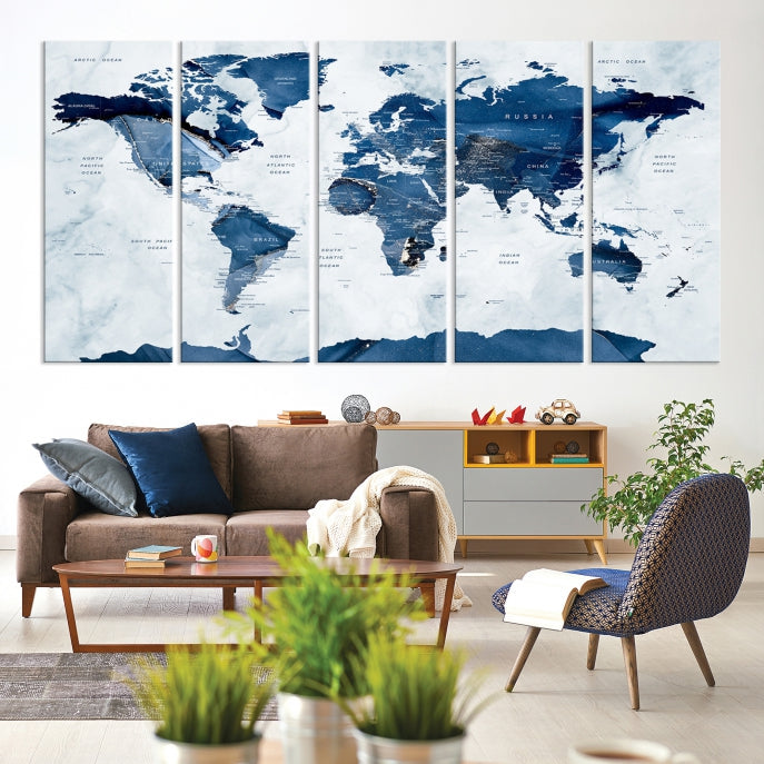 Navy Blue World Map Antarctica Wall Art Canvas Print