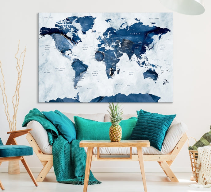 Navy Blue World Map Antarctica Wall Art Canvas Print