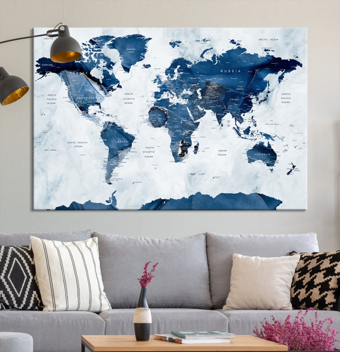 Navy Blue World Map Antarctica Wall Art Canvas Print