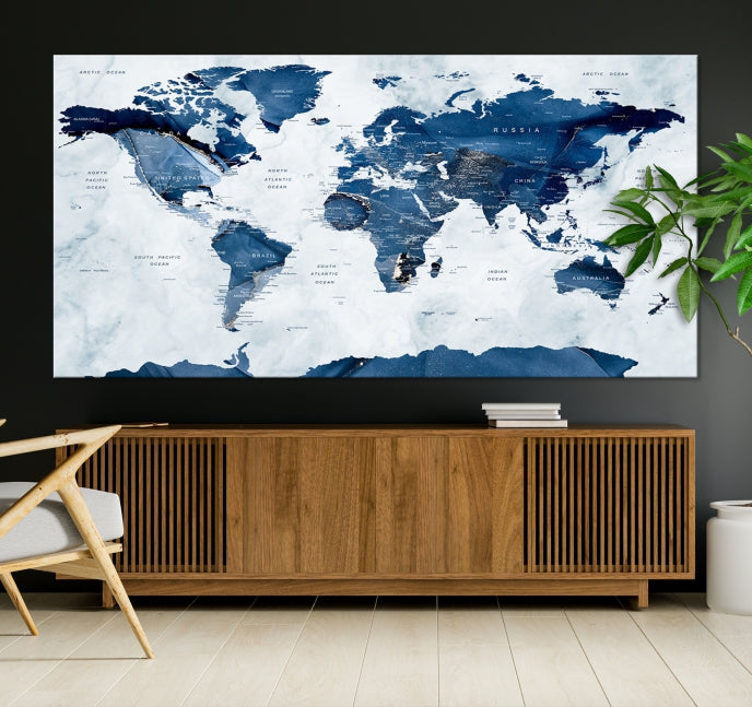 Navy Blue World Map Antarctica Wall Art Canvas Print